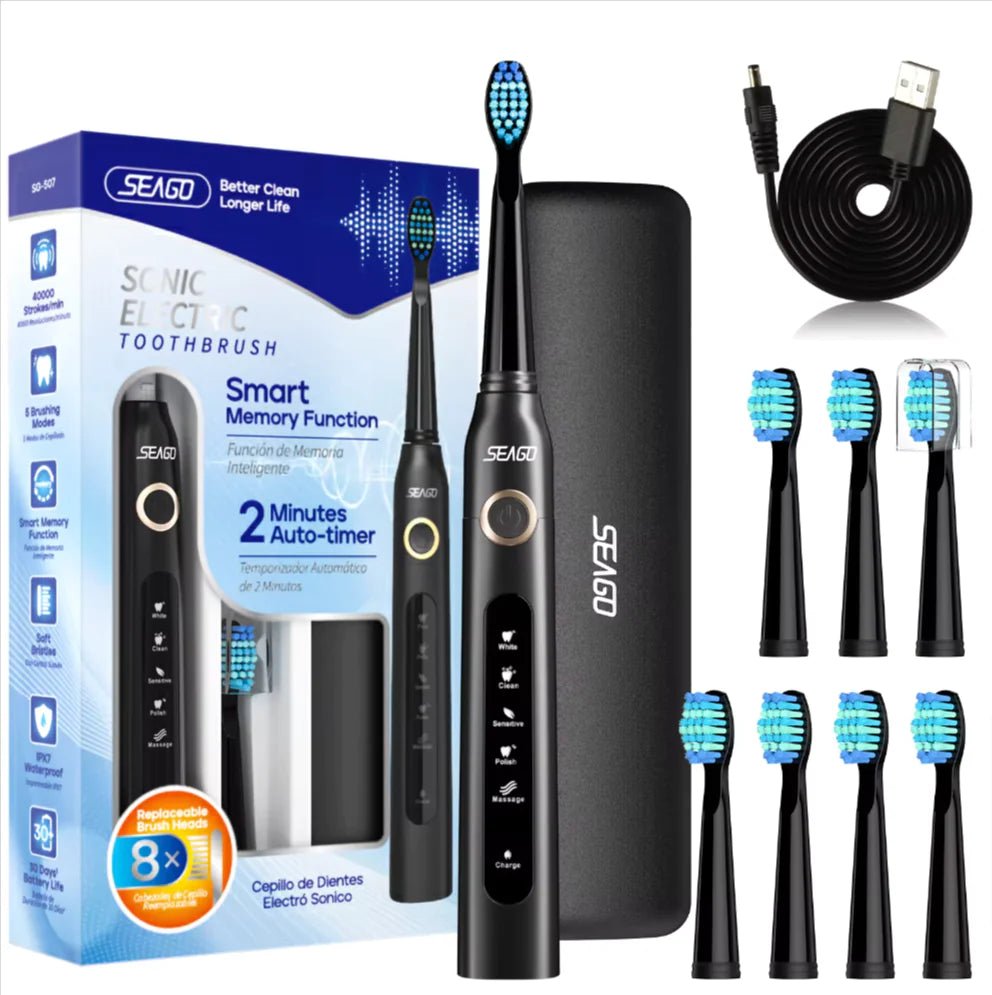 Seago Sonic Toothbrush Electric Toothbrush Cleaning Teeth 5 Modes with 8 Replaceable Brush Heads 2 Min Timer With Portable Box - Eternal flavors