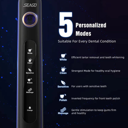 Seago Sonic Toothbrush Electric Toothbrush Cleaning Teeth 5 Modes with 8 Replaceable Brush Heads 2 Min Timer With Portable Box - Eternal flavors